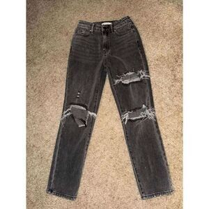 PacSun Vintage Washed Distressed High Rise Mom Jeans Black Denim Ripped